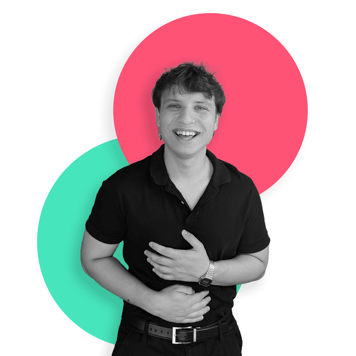 Domantas smiling, in a black polo shirt against a colorful mint and pink background